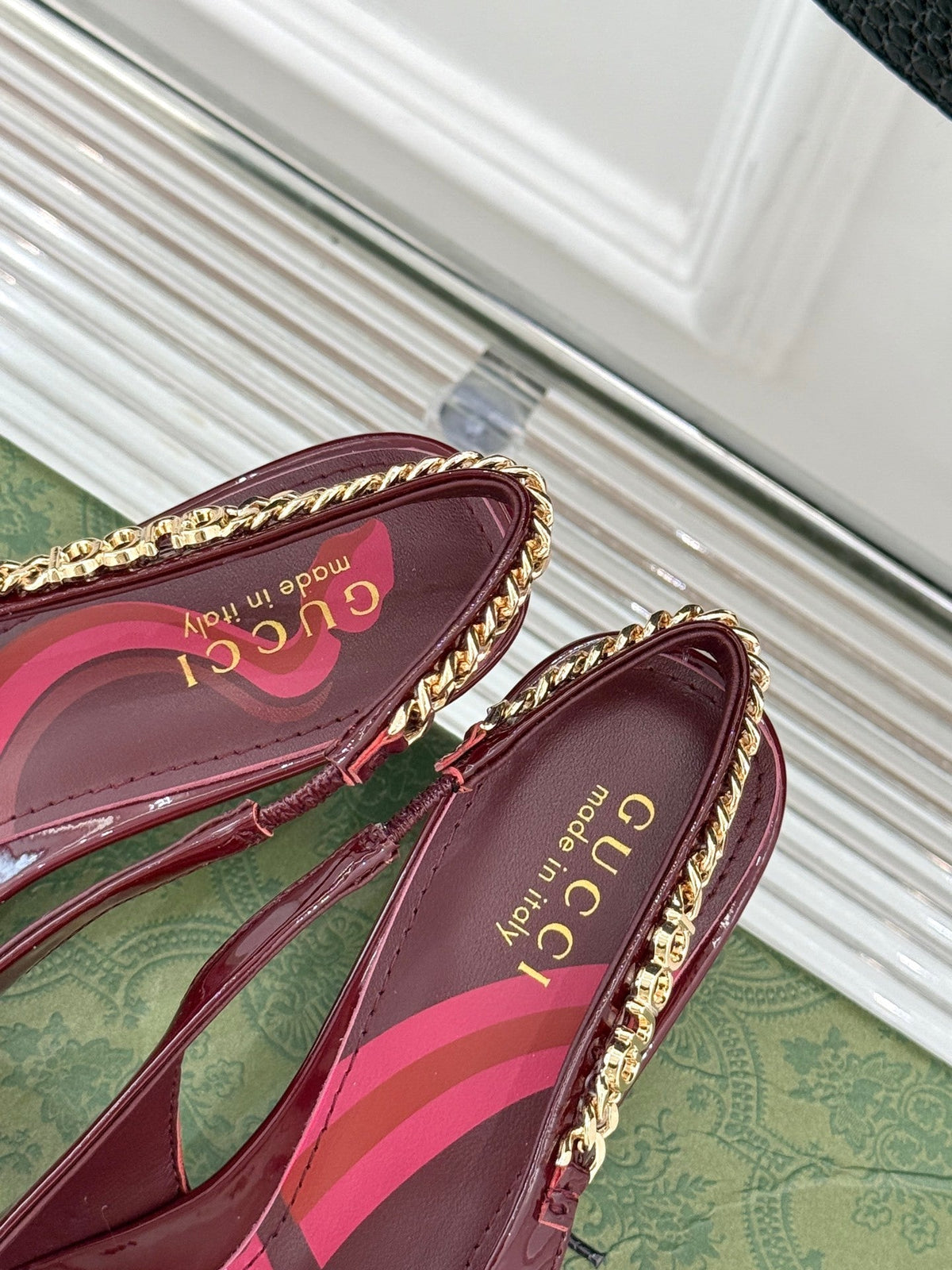 BURGUNDY PATENT CHAIN SLINGBACK HEELS