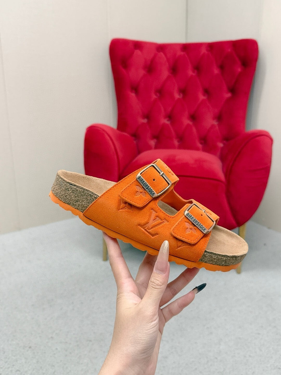 ORANGE DOUBLE-STRAP BUCKLE SLIDE SANDALS
