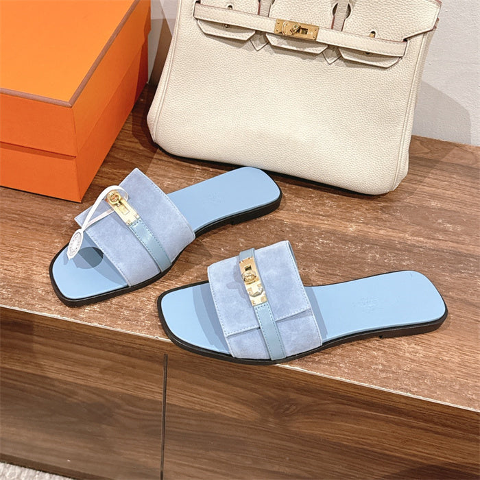 SKY BLUE SUEDE BUCKLE SLIDE SANDALS