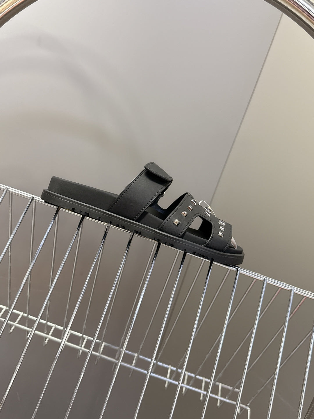 BLACK STUDDED SLIDE SANDALS