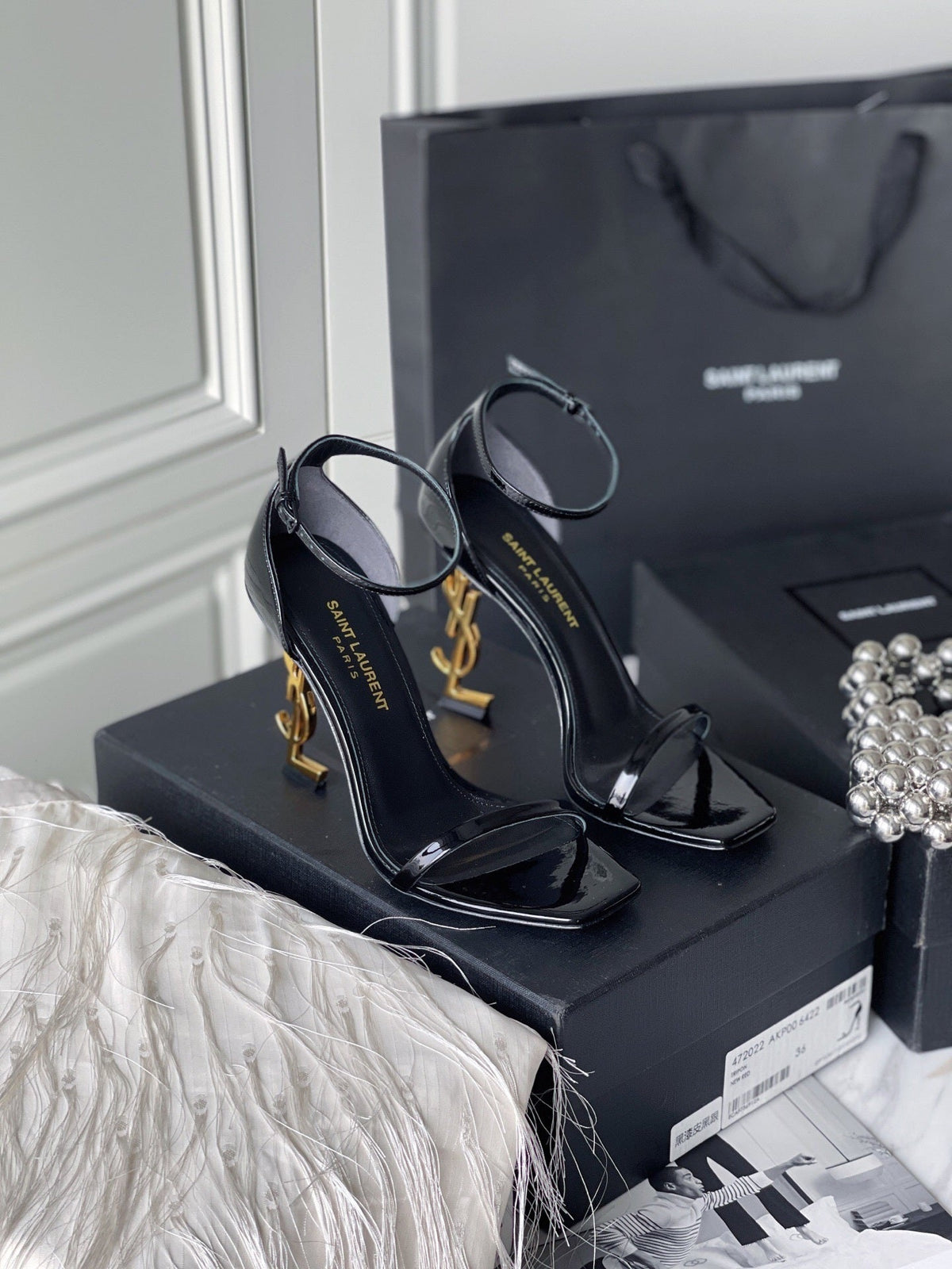 PATENT LEATHER ANKLE-STRAP STATEMENT HEEL SANDALS