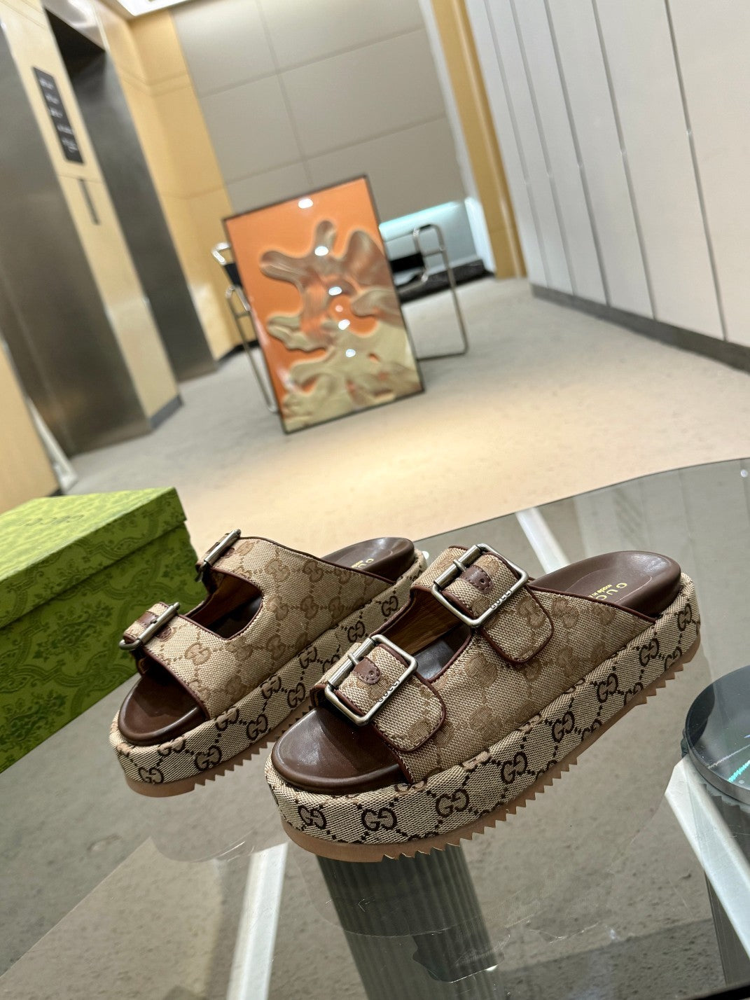 BEIGE MONOGRAM DOUBLE-STRAP PLATFORM SANDALS