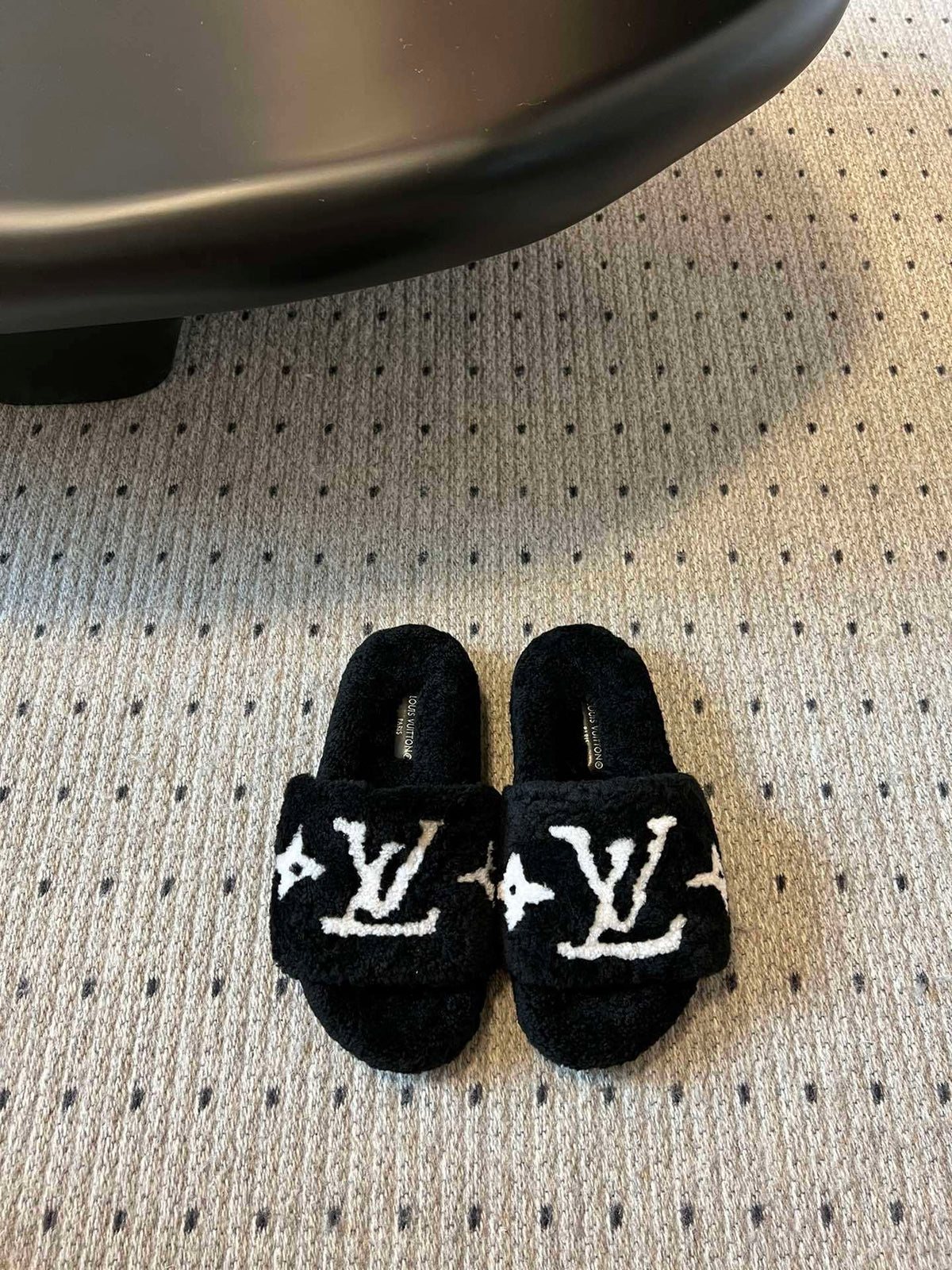 COZY MONOGRAM FUR SLIDE SLIPPERS