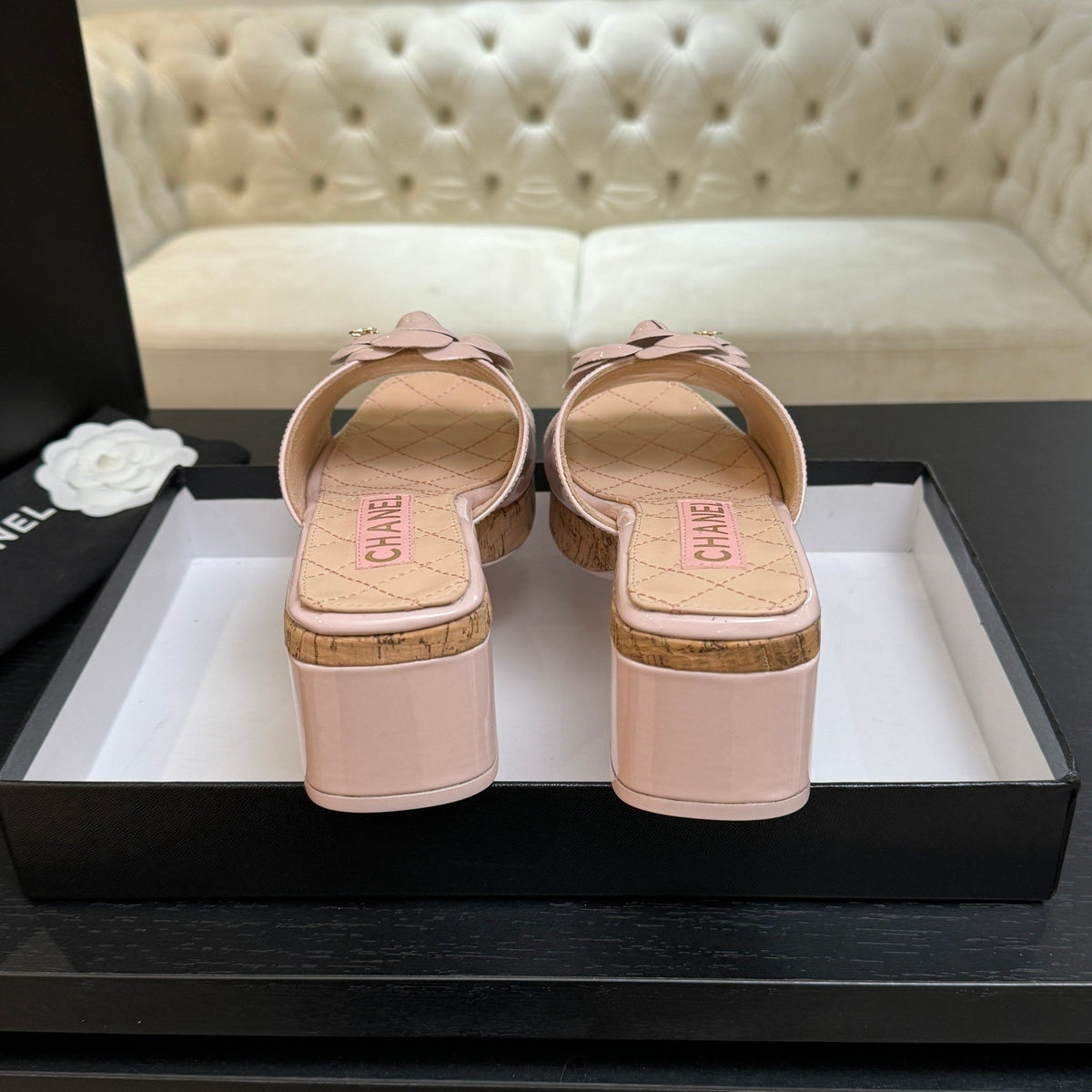 BLUSH QUILTED PLATFORM SLIDE SANDALS WITH CAMELLIA DETAIL