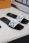 WHITE CHECK BUCKLE STRAP SLIDE SANDALS
