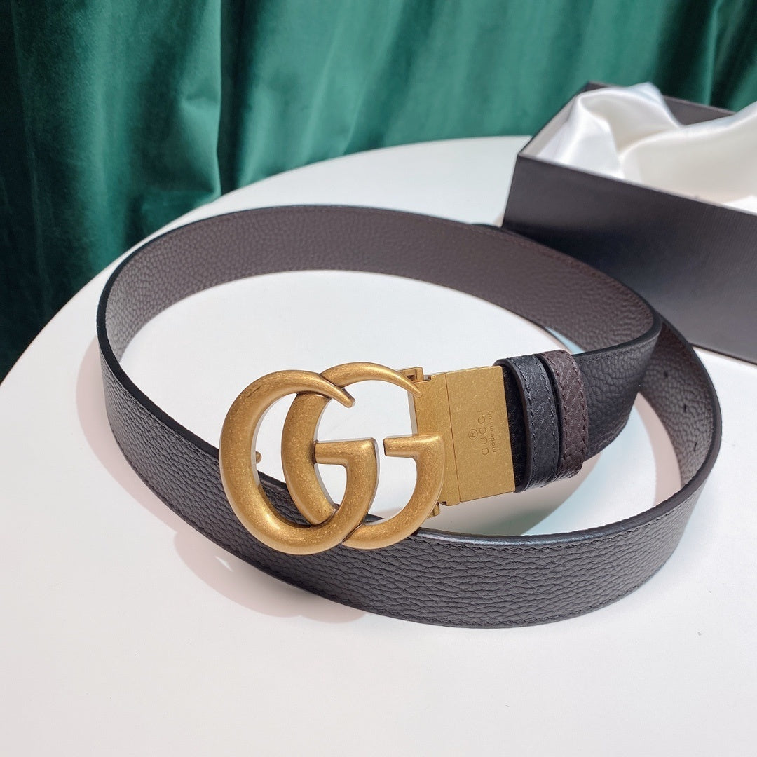 BROWN GRAINED LEATHER BELT WITH ANTIQUE GOLD DOUBLE G BUCKLE