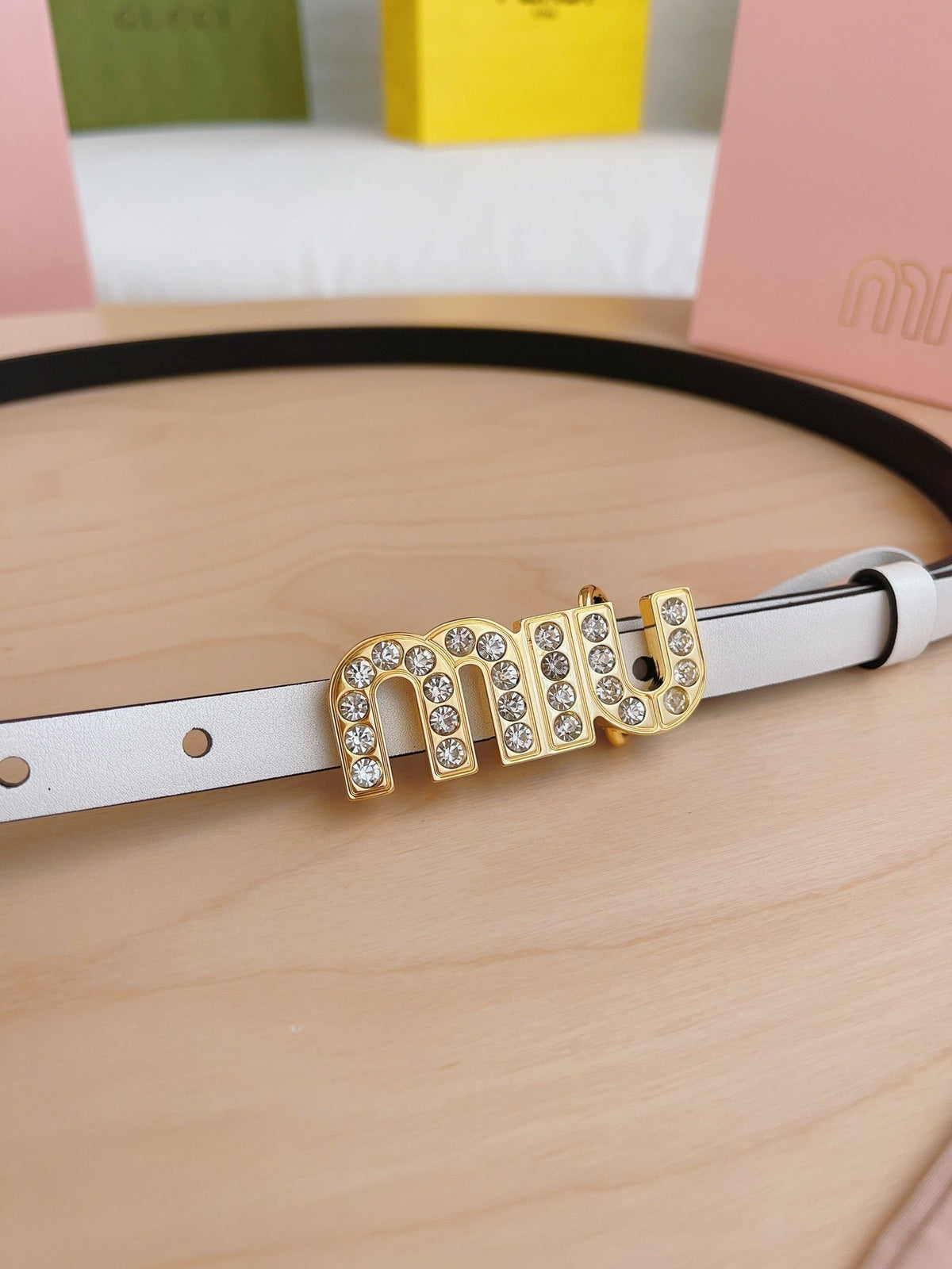 WHITE LEATHER BELT WITH CRYSTAL LETTER BUCKLE