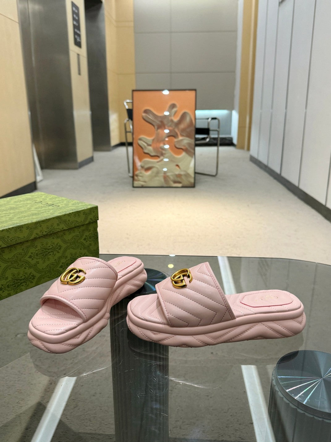 BLUSH QUILTED LOGO SLIDE SANDALS