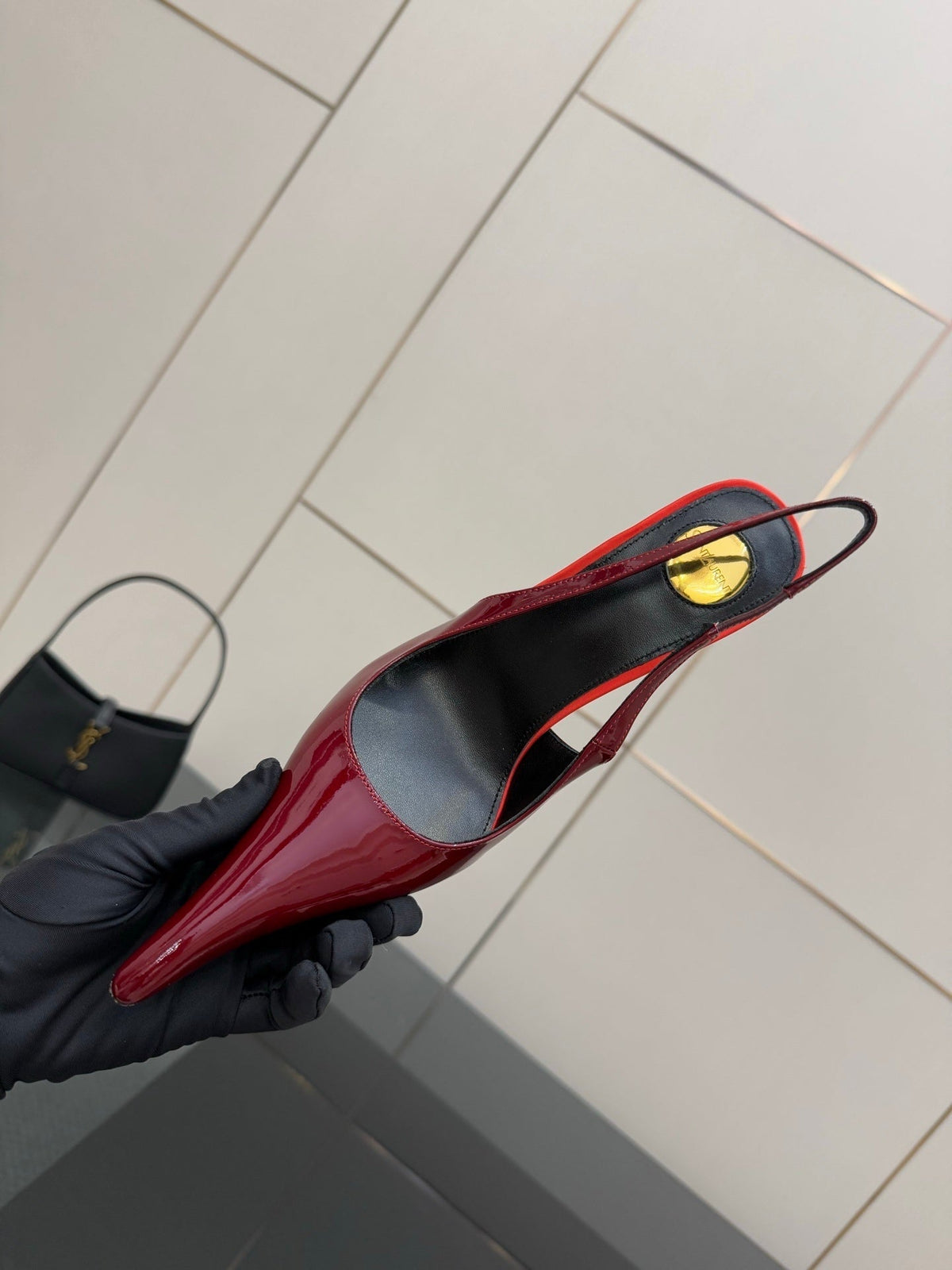 BURGUNDY PATENT SLINGBACK POINTED HEELS