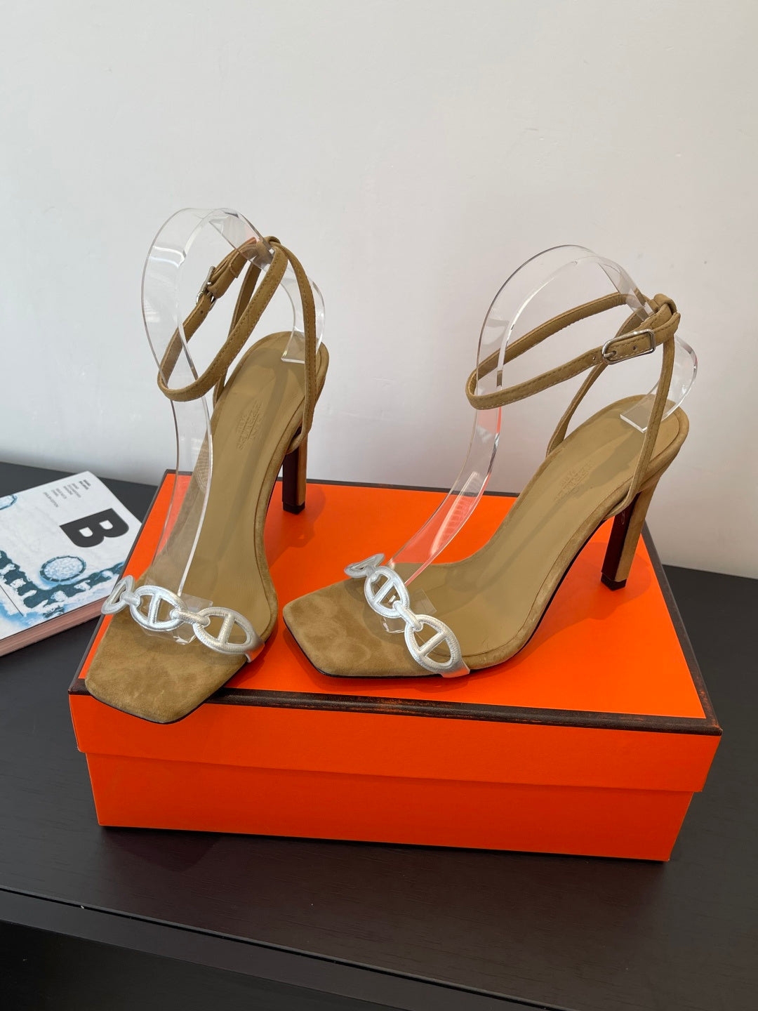 CAMEL SUEDE ANKLE STRAP HIGH HEEL SANDALS