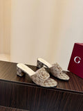 BEIGE MONOGRAM BLOCK HEEL MULES