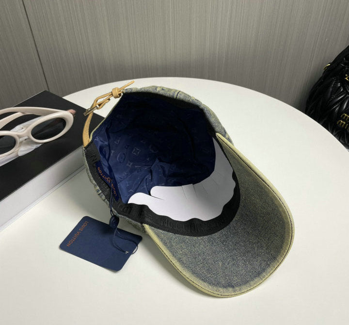 VINTAGE WASH DENIM BASEBALL CAP WITH EMBOSSED PATTERN
