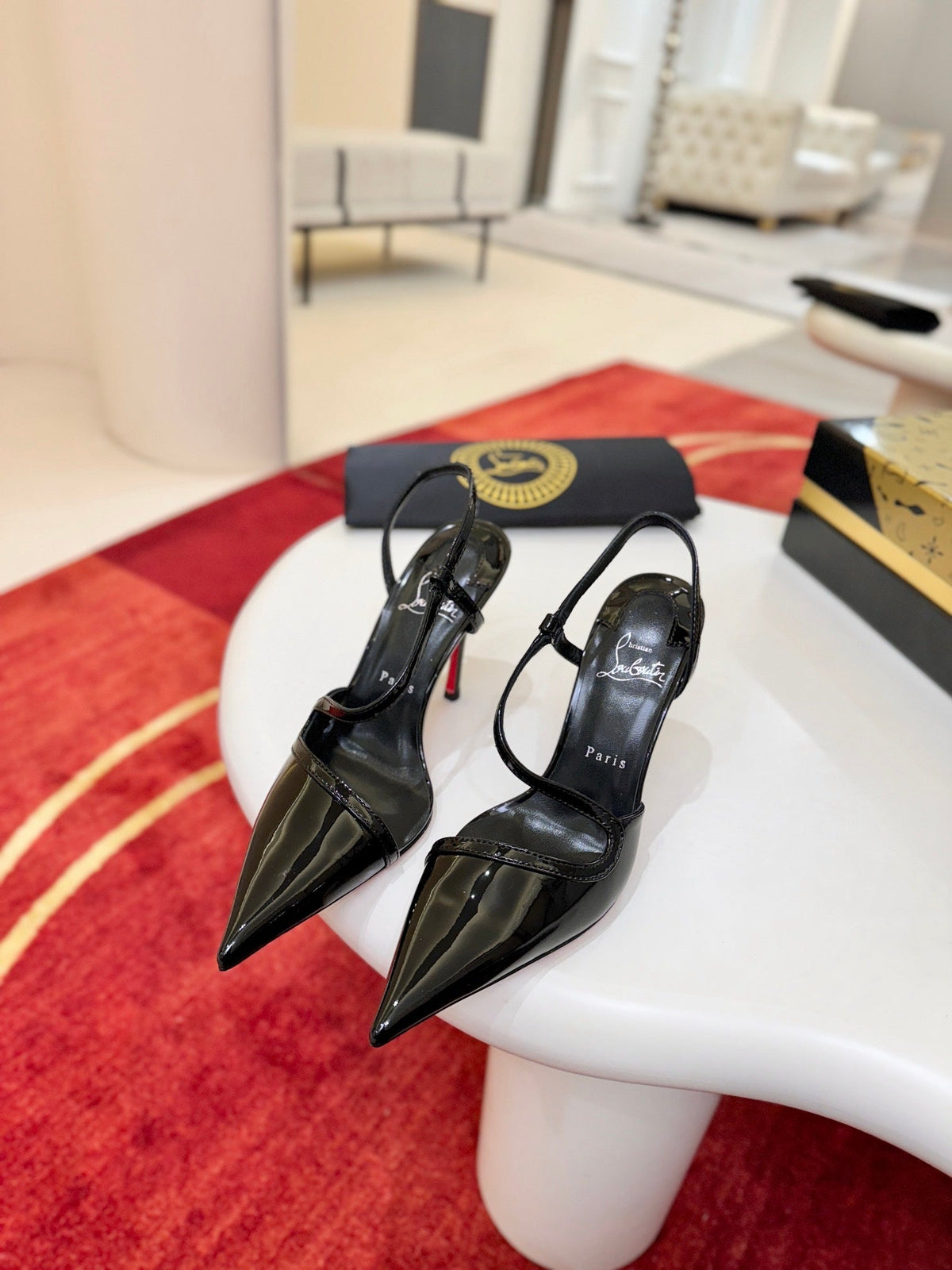 BLACK PATENT STRAPPY POINTED HEELS