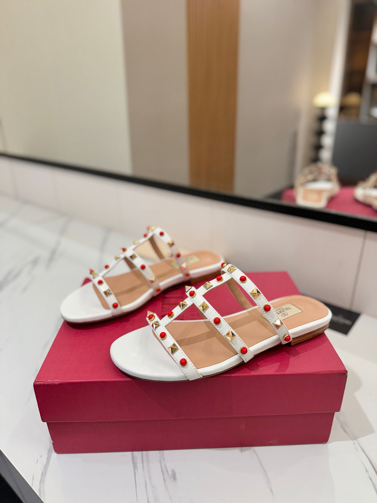 STUDDED STRAP FLAT SANDALS – WHITE WITH RED ACCENTS