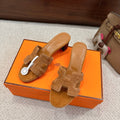 TAN SUEDE HEELED SLIDE SANDALS