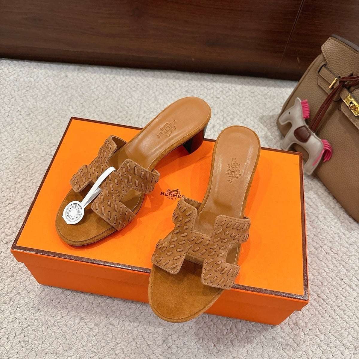 TAN SUEDE HEELED SLIDE SANDALS