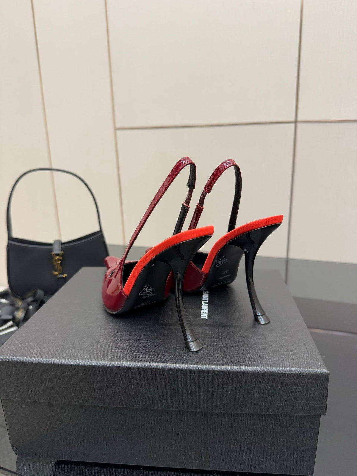 BURGUNDY PATENT SLINGBACK POINTED HEELS