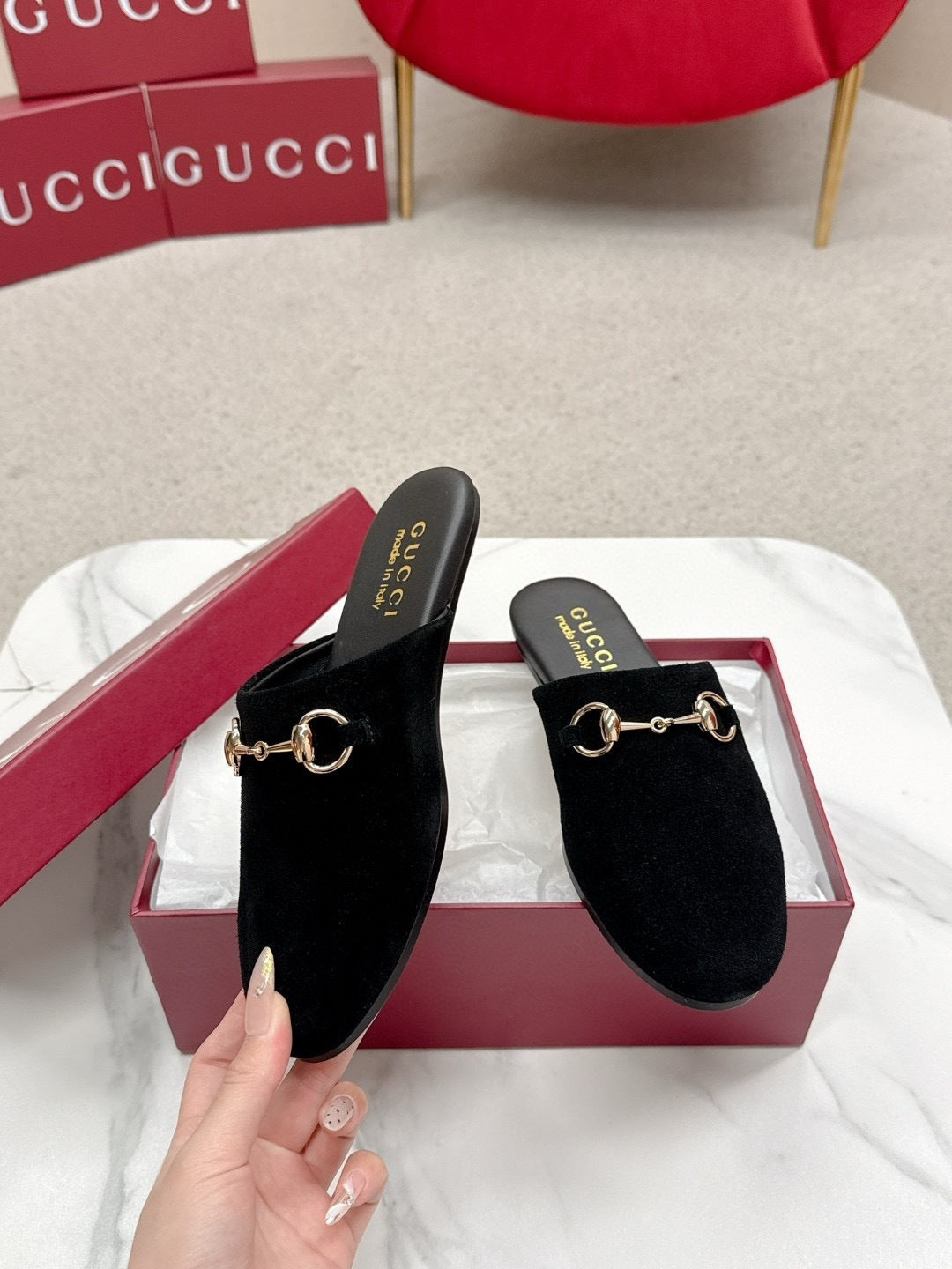 BLACK SUEDE HORSEBIT SLIP-ON MULES