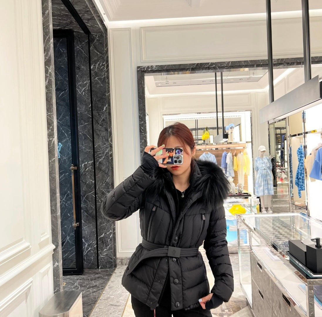 FUR HOODED BELTED PUFFER DOWN JACKET