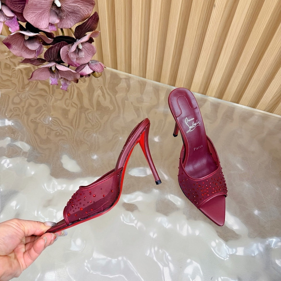 BURGUNDY RHINESTONE MULE HEELS