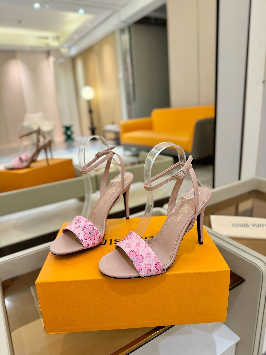 FLORAL PRINT STRAP STILETTO SANDALS – BLUSH PINK