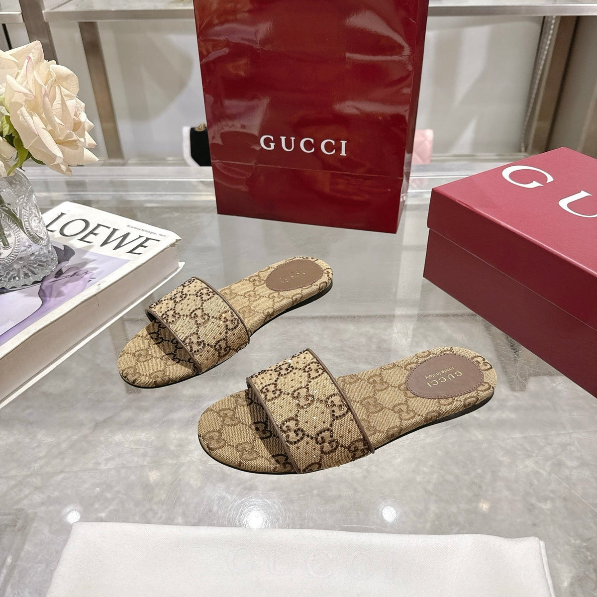 BEIGE PATTERNED SLIDE SANDALS