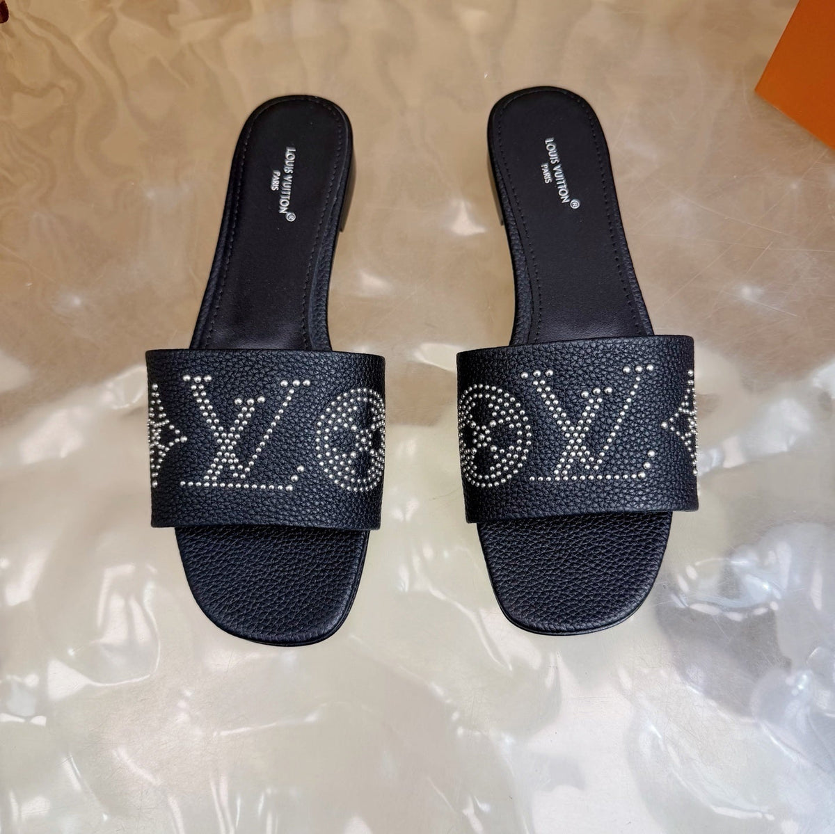 BLACK MONOGRAM STUDDED DESIGNER SLIDES