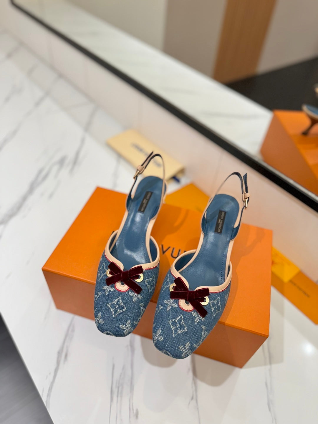 DENIM MONOGRAM SLINGBACK HEELS WITH VELVET BOW