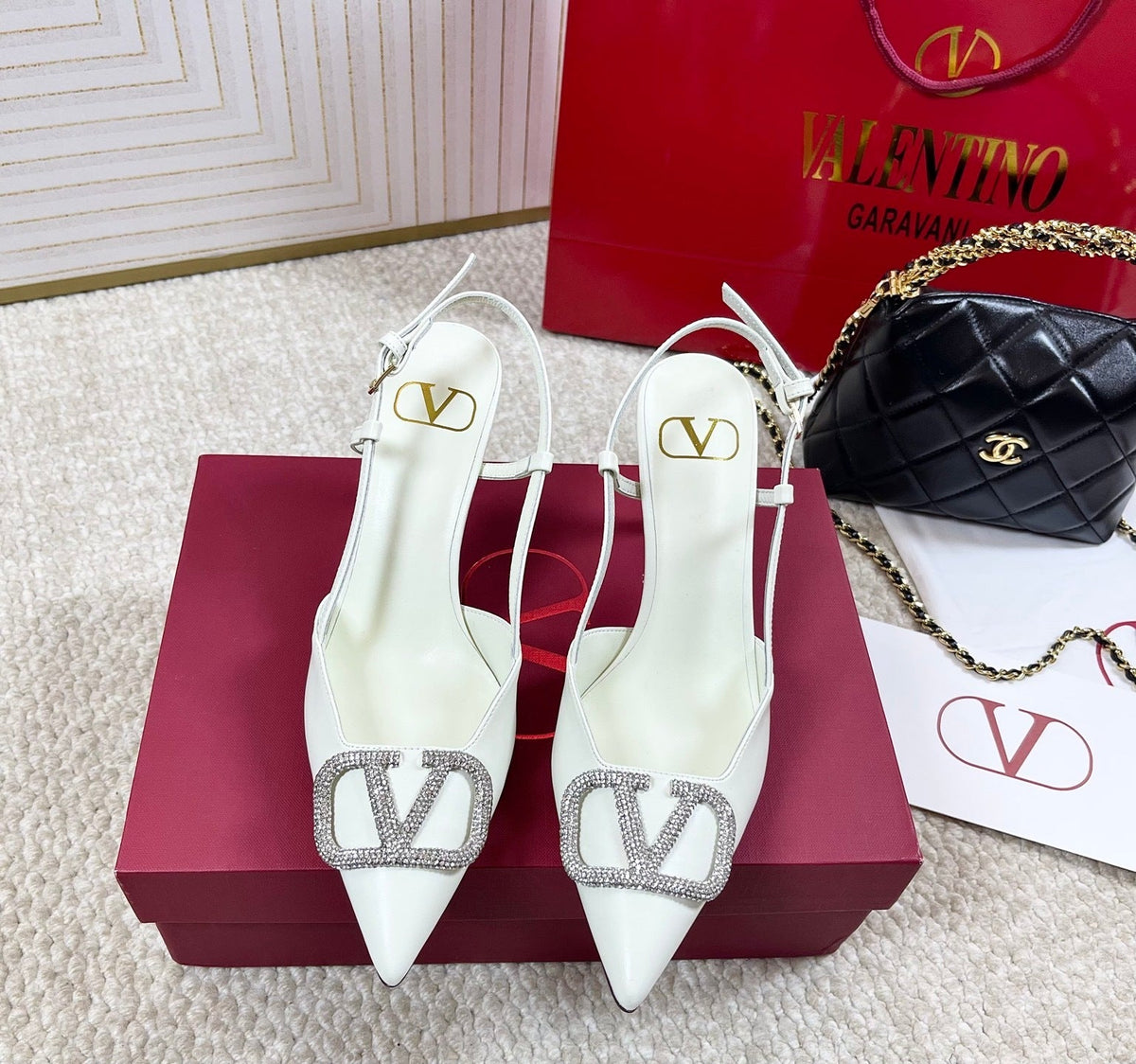 POINTED TOE SLINGBACK HEELS – WHITE WITH CRYSTAL BUCKLE
