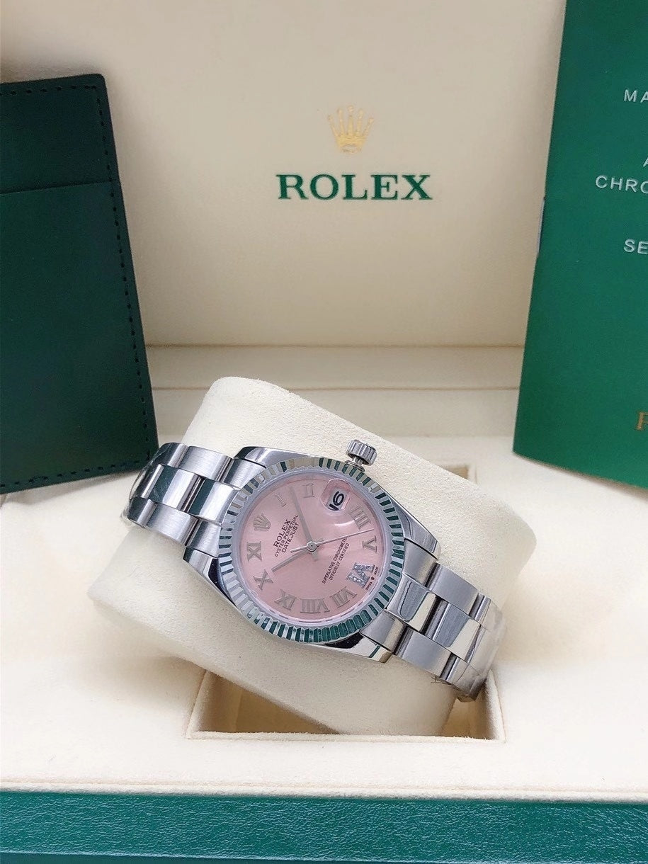 PINK DIAL STAINLESS STEEL DATE WATCH WITH FLUTED BEZEL