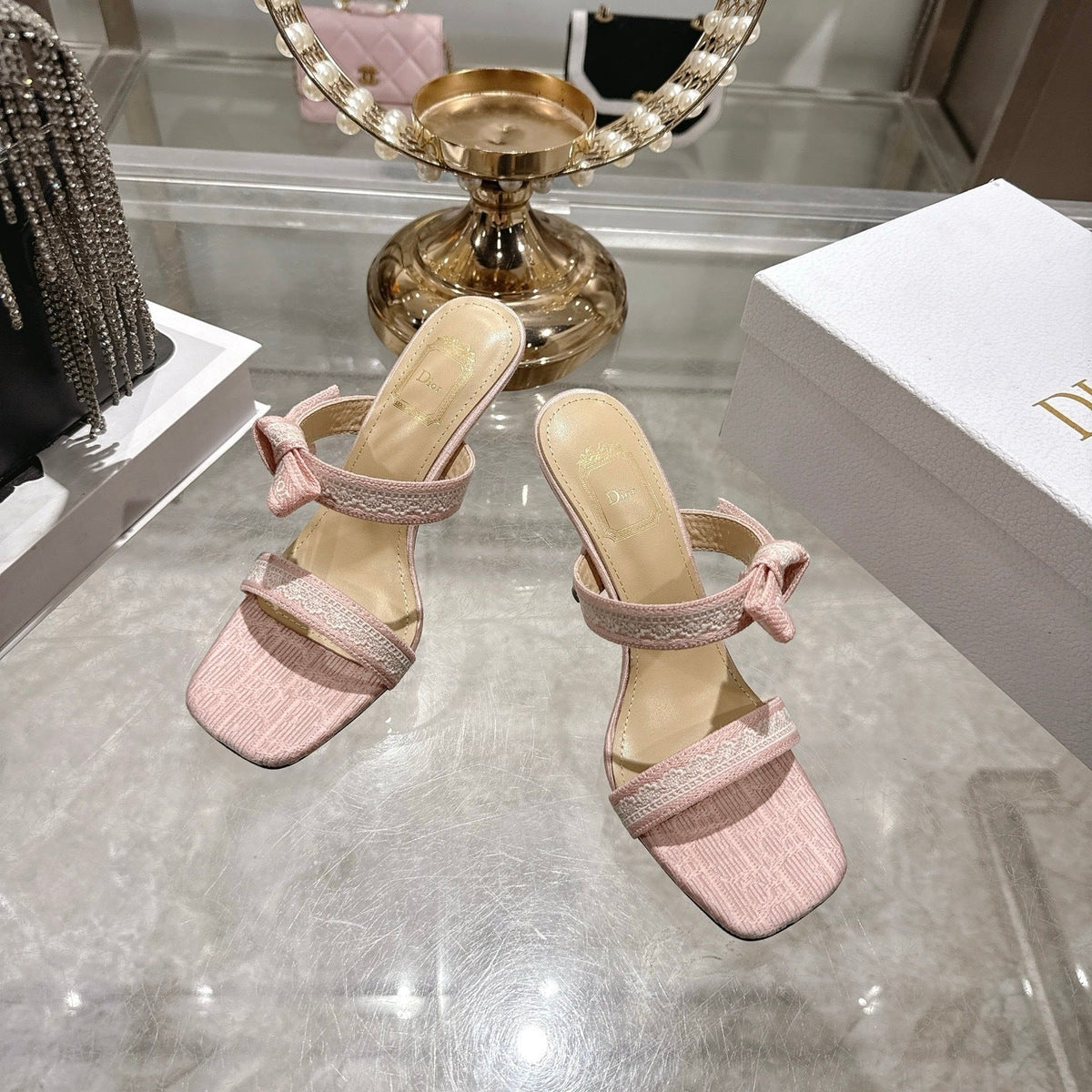 BOW-DETAIL JACQUARD HEELED MULE SANDALS