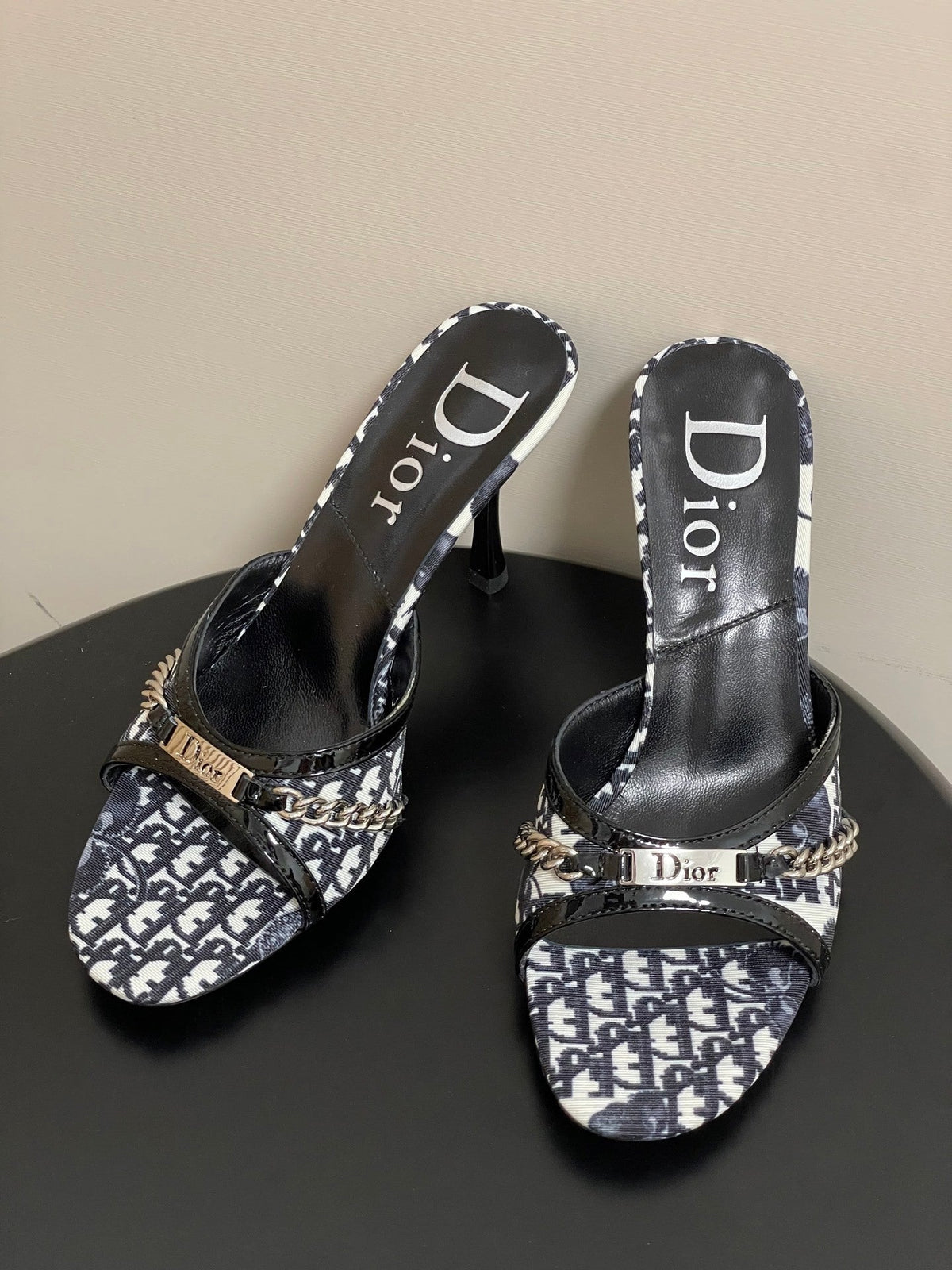MONOGRAM CHAIN DETAIL MULE HEELS