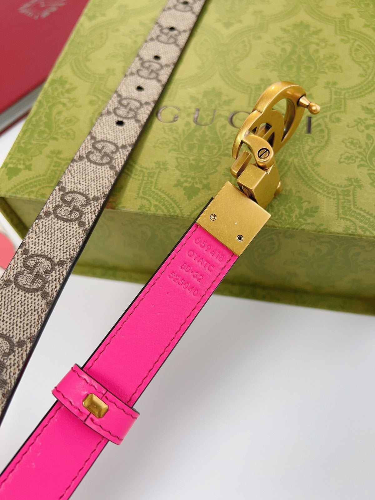 REVERSIBLE MONOGRAM BELT WITH PINK LEATHER AND GOLD DOUBLE RING BUCKLE