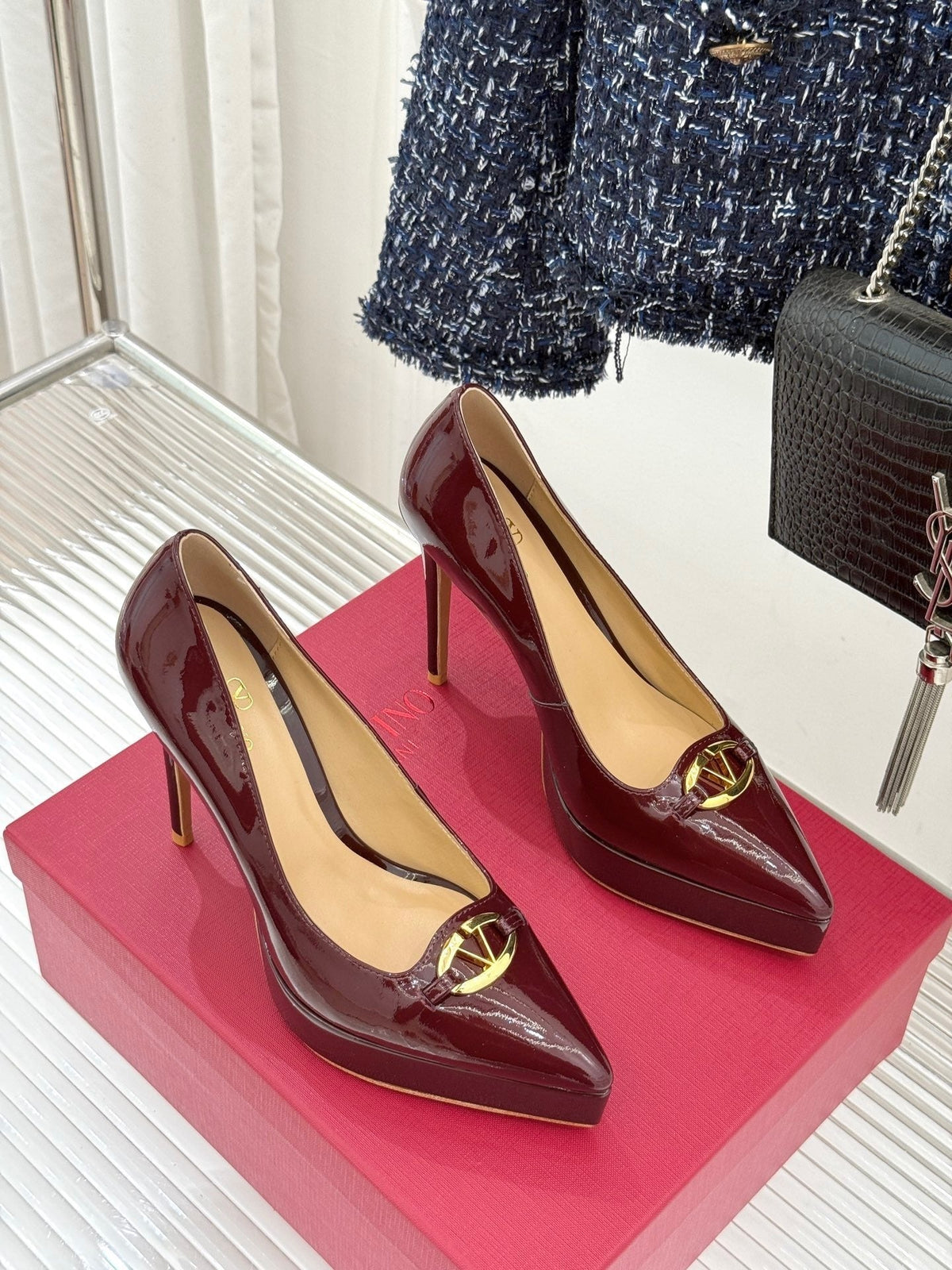 BURGUNDY PATENT PLATFORM STILETTO HEELS WITH GOLD DETAIL
