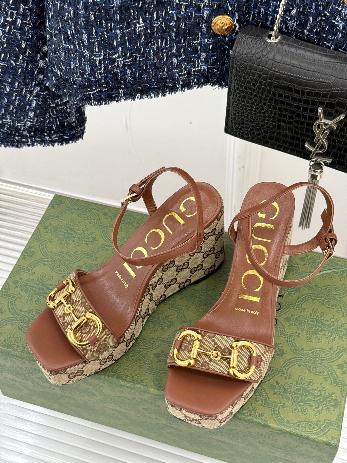 BEIGE MONOGRAM PLATFORM WEDGE SANDALS