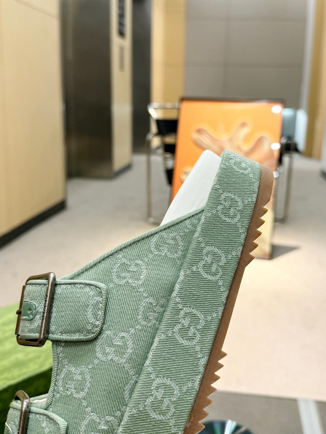 GREEN MONOGRAM DOUBLE-STRAP SANDALS