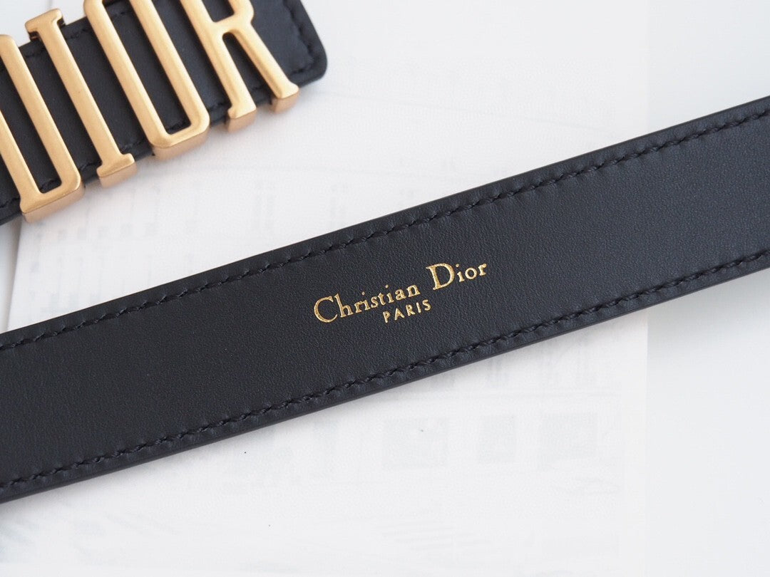 BLACK LEATHER BELT WITH GOLD LETTER BUCKLE