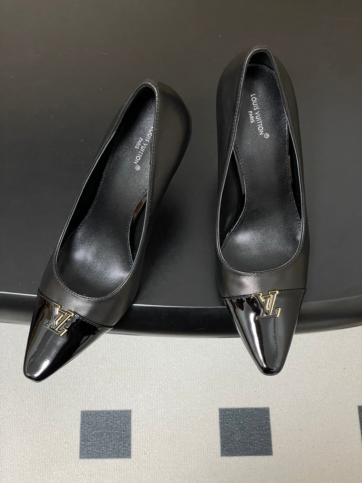BLACK POINTED TOE LOGO STILETTO HEELS