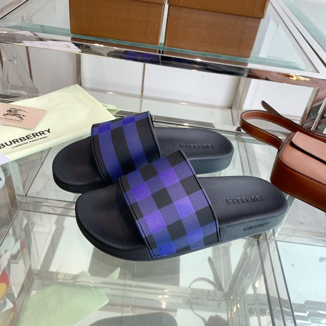 BLACK & PURPLE CHECK PRINT SLIDE SANDALS
