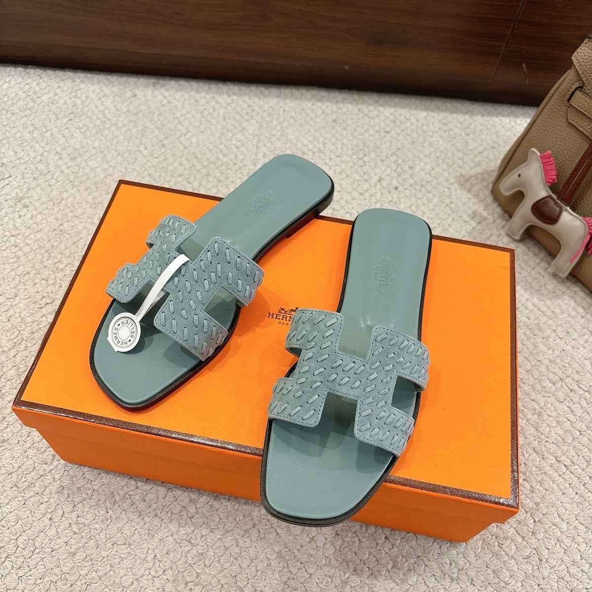 SOFT GREEN SUEDE SLIDE SANDALS