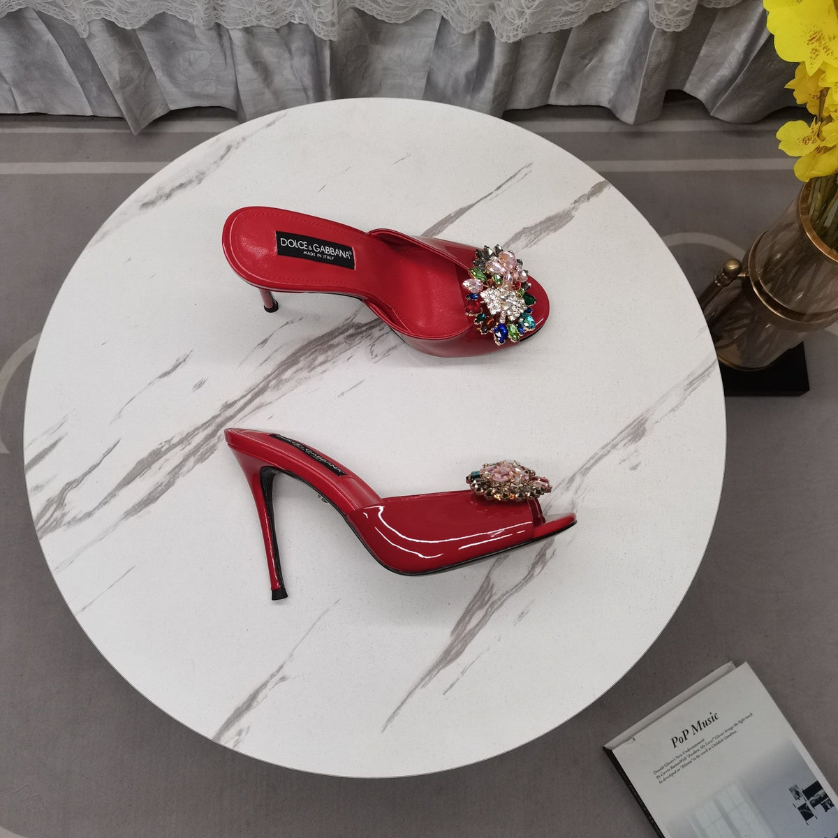 RED GLOSSY MULE HEEL SANDALS WITH MULTICOLOR CRYSTAL EMBELLISHMENT