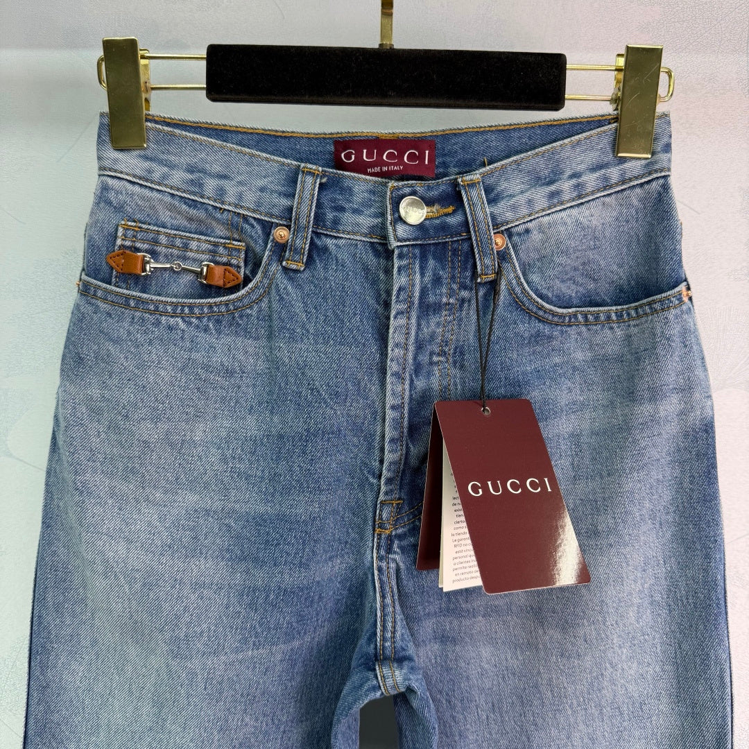 CLASSIC FADED WIDE LEG DENIM JEANS WITH HORSEBIT DETAIL