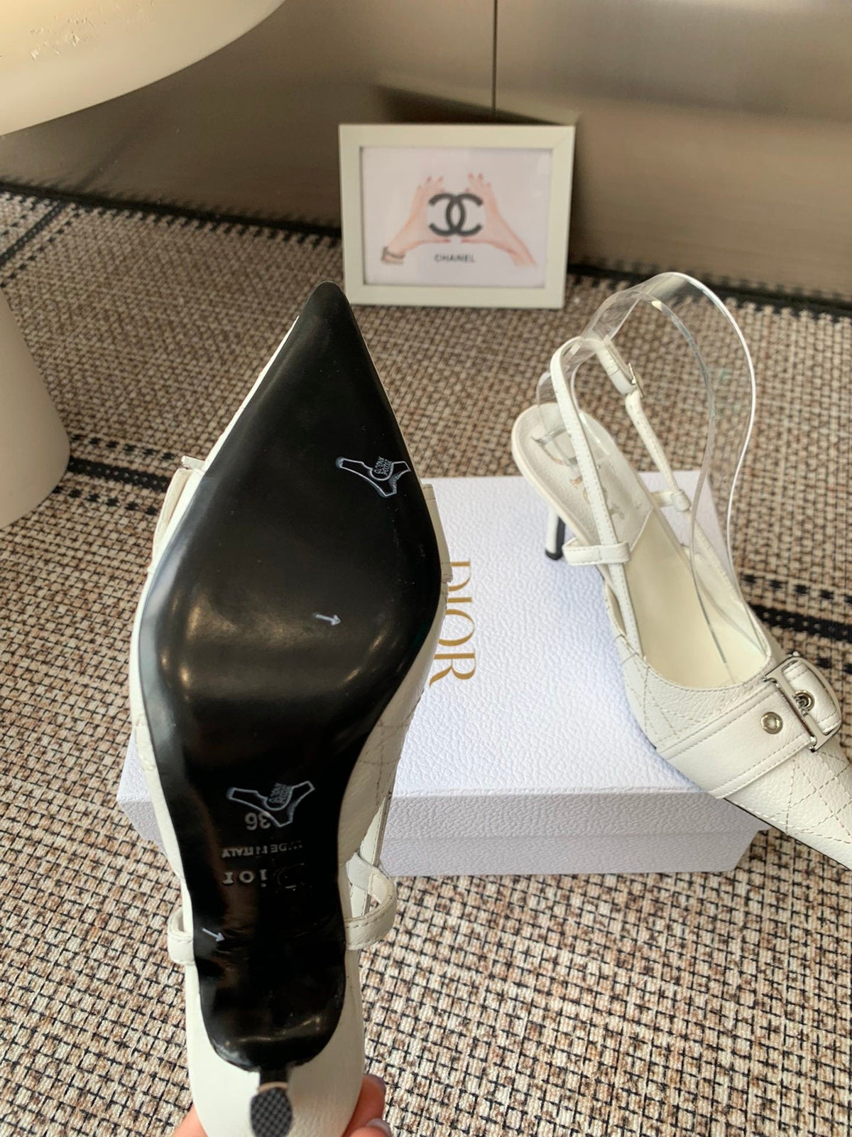 WHITE BUCKLE POINTED SLINGBACK HEELS