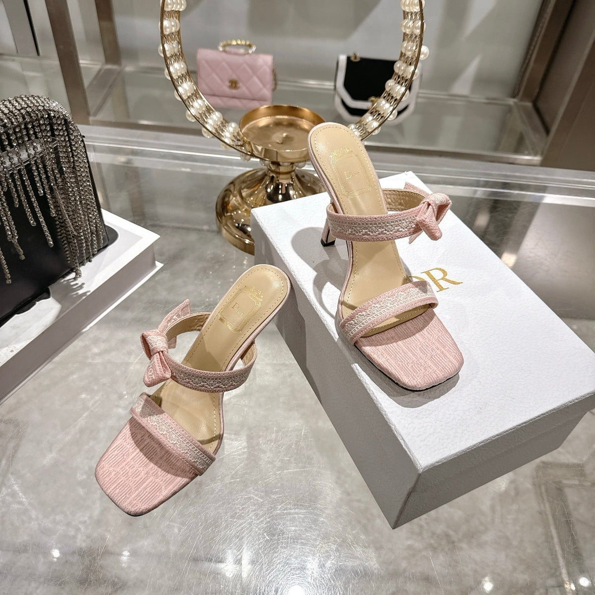 BOW-DETAIL JACQUARD HEELED MULE SANDALS