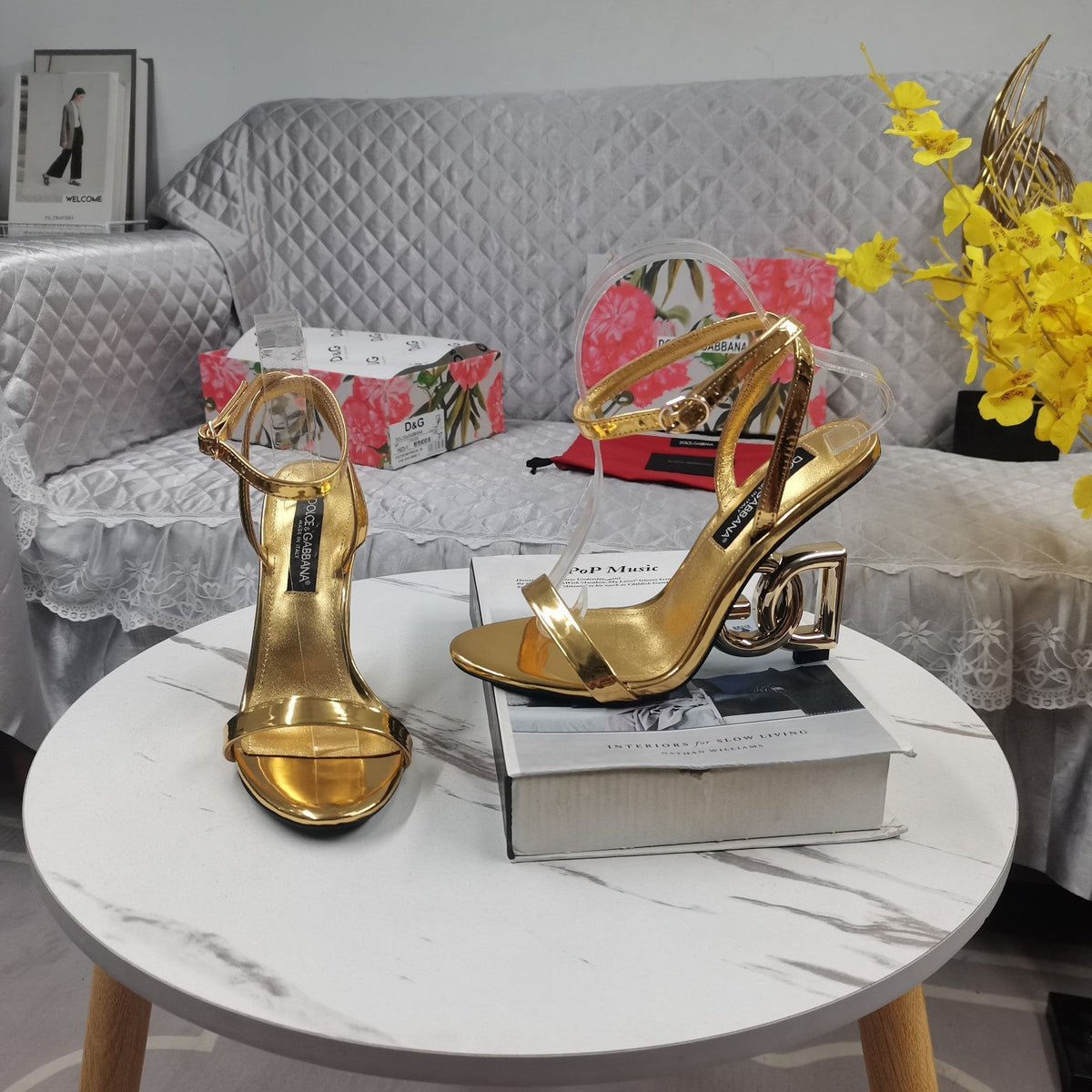 GOLD METALLIC STRAPPY HEEL SANDALS