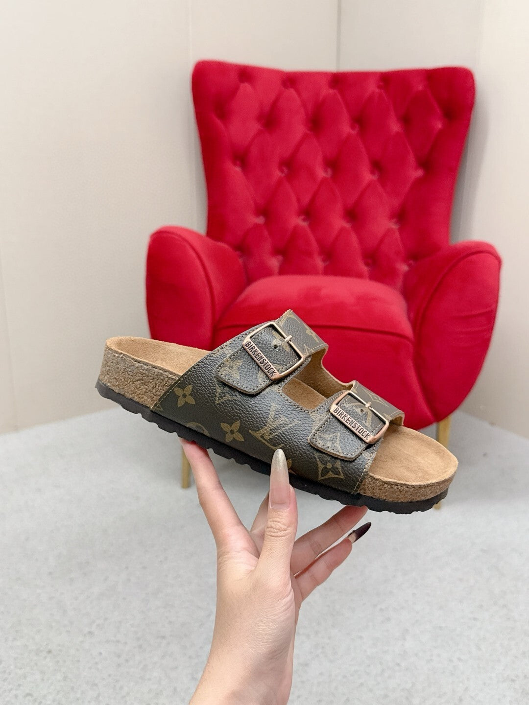 BROWN MONOGRAM DOUBLE-STRAP BUCKLE SLIDE SANDALS