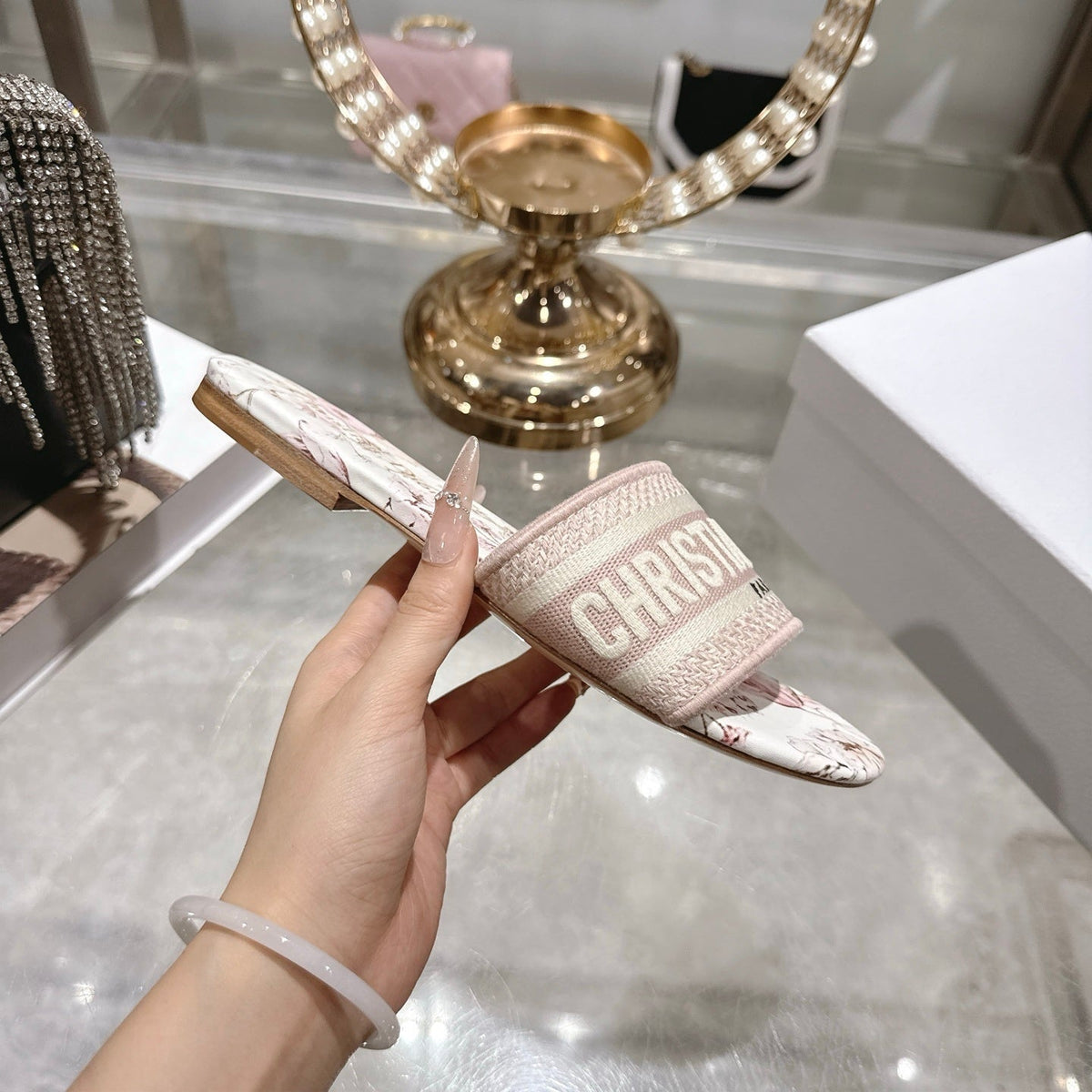 FLORAL PRINT LOGO STRAP SLIDE SANDALS