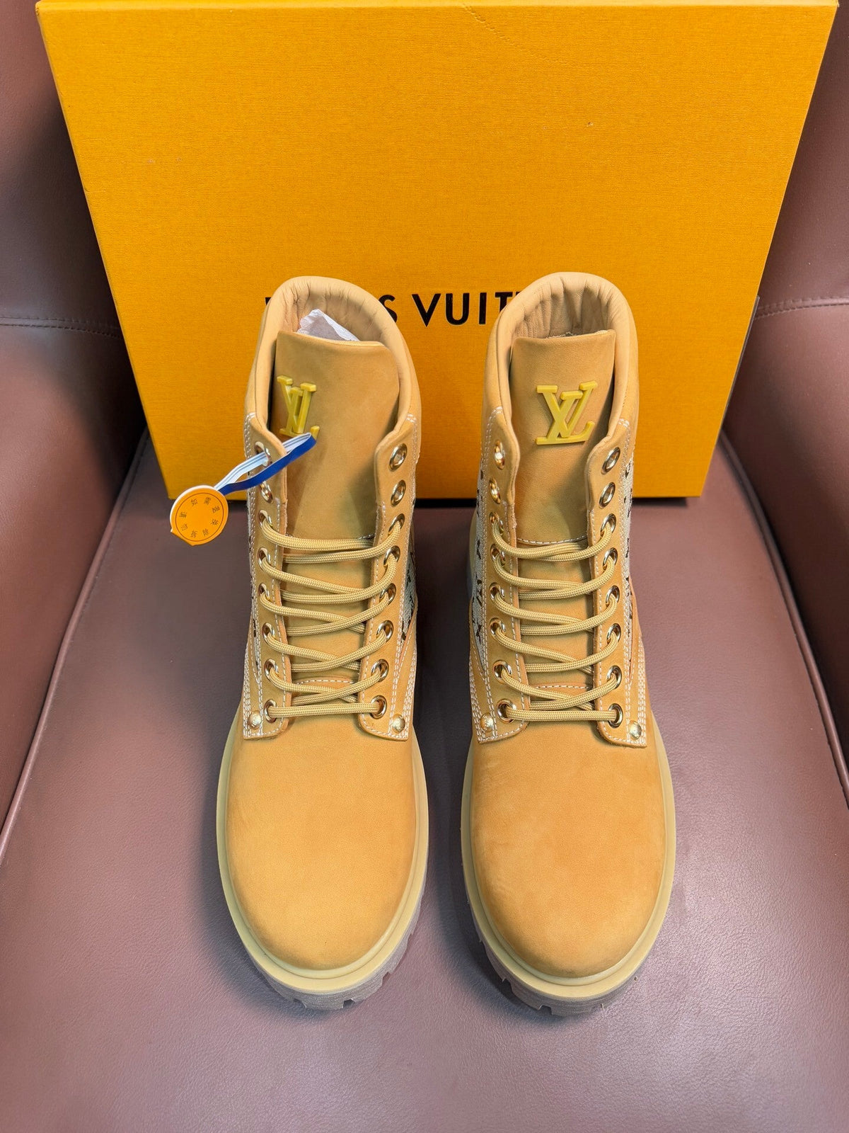 TAN MONOGRAM CANVAS COMBAT BOOTS