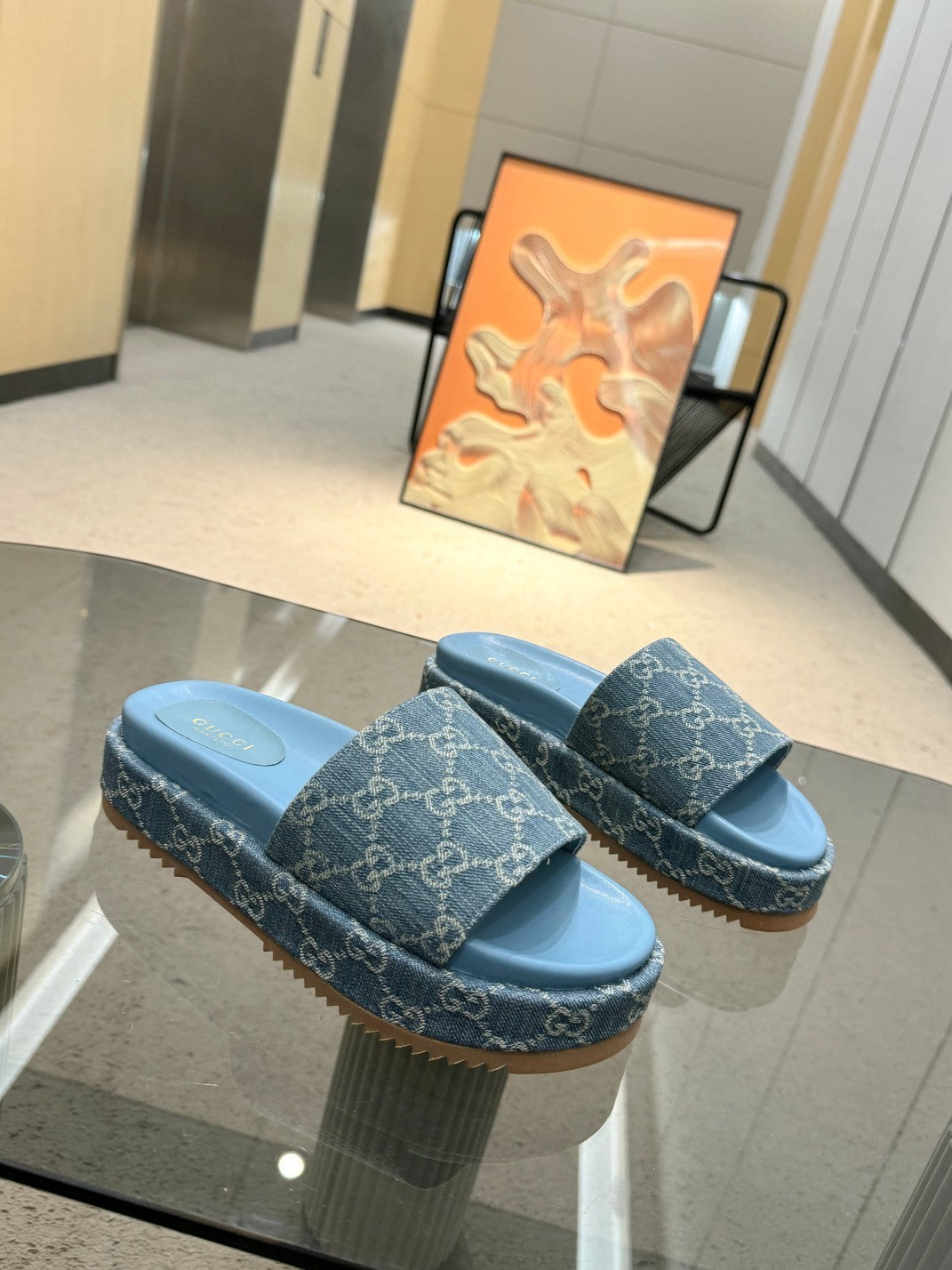 DENIM MONOGRAM PLATFORM SLIDE SANDALS
