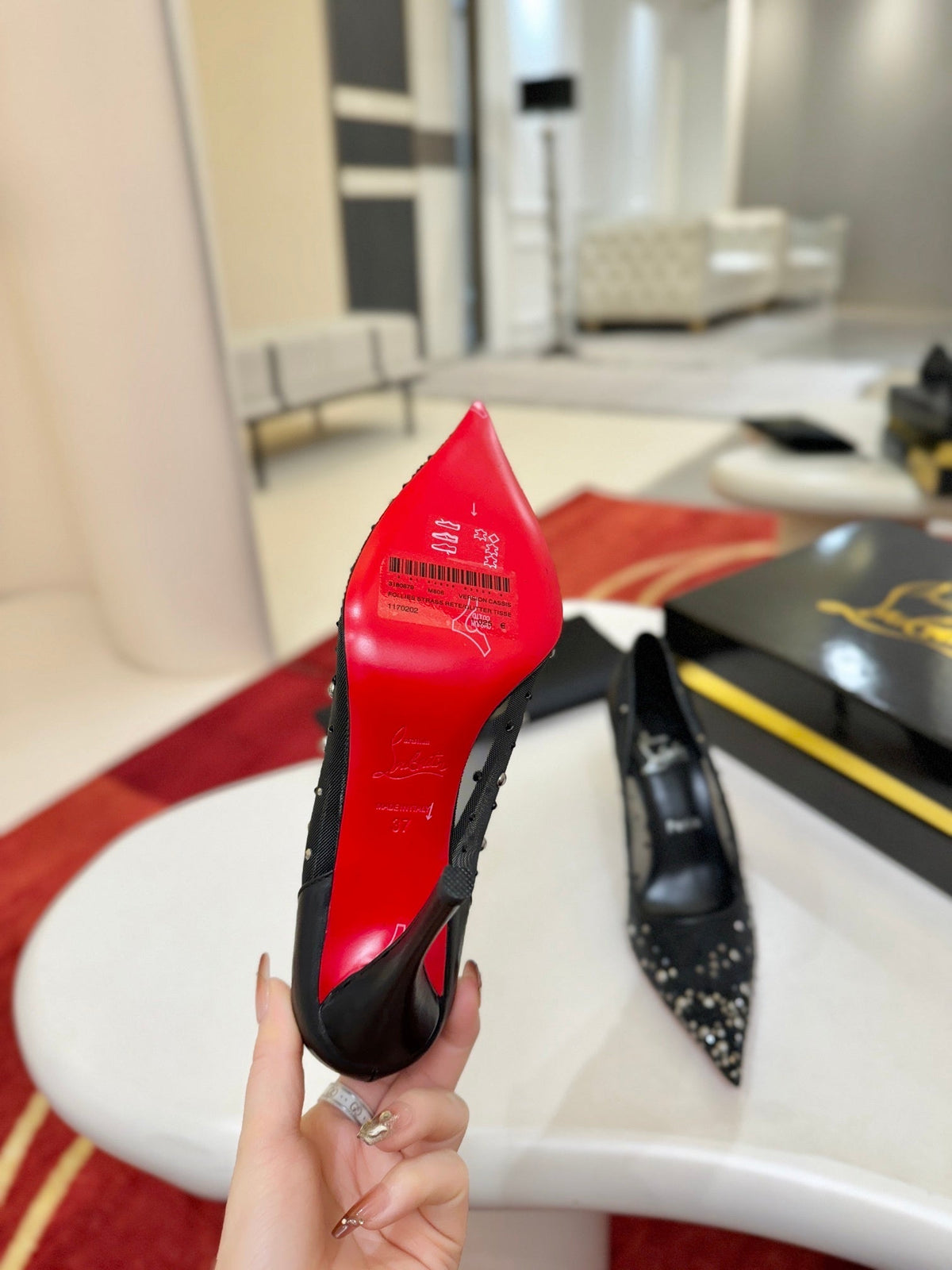 BLACK RHINESTONE MESH POINTED HEELS